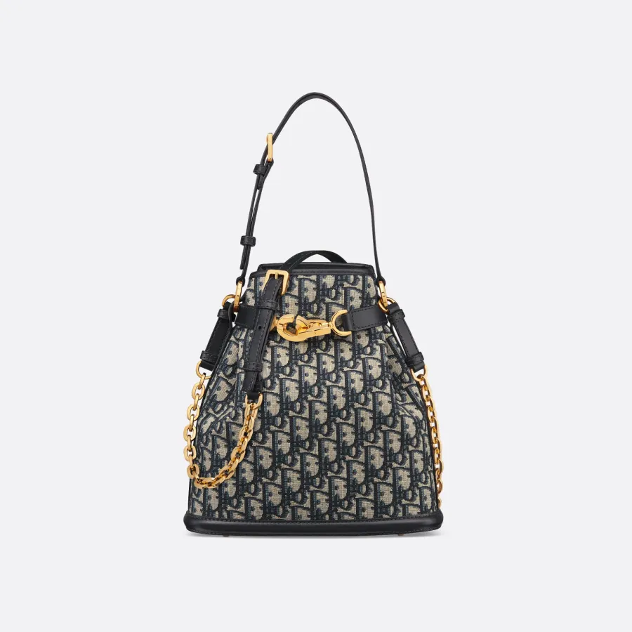 Dior Medium C'est Dior Bag In Black CD-Embossed Calfskin/Blue Dior Oblique Jacquard With Gold Hardware