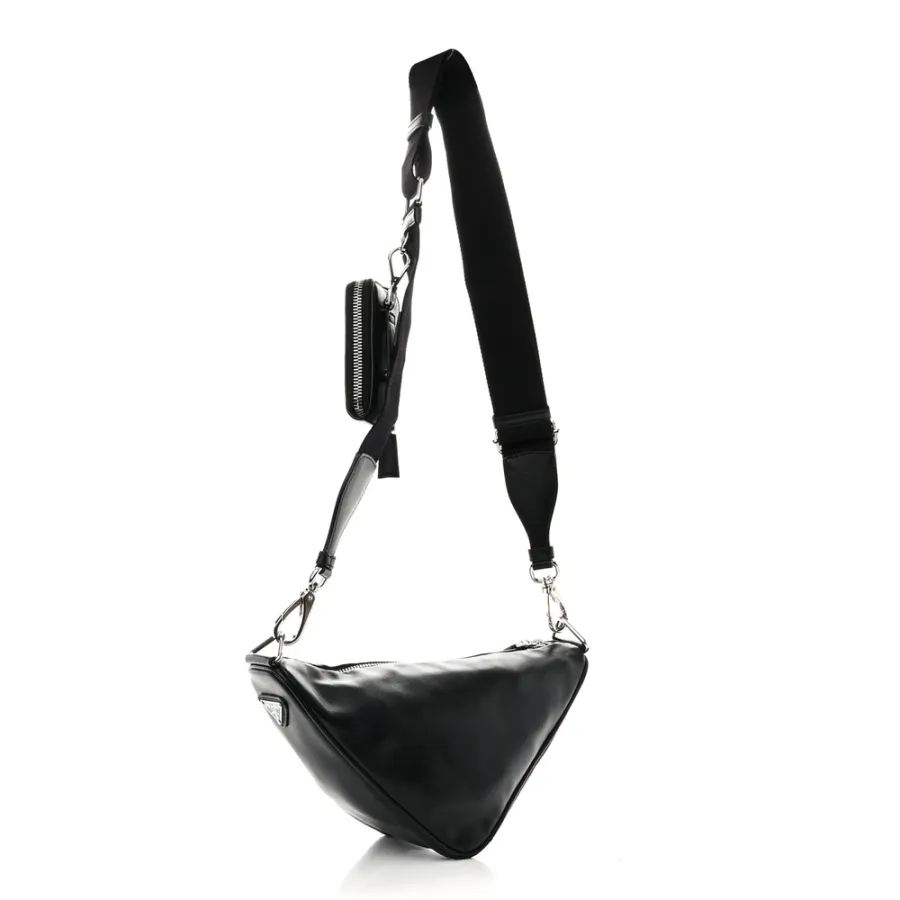 Prada Medium Triangle Shoulder Bag Black Calfskin Leather Silver Hardware