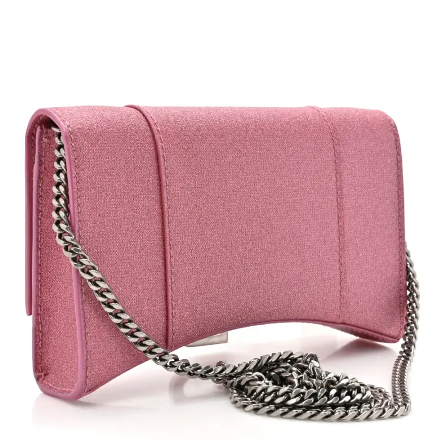 Balenciaga XS Hourglass Wallet On Chain Sweet Pink Sparkling Fabric Silver Hardware