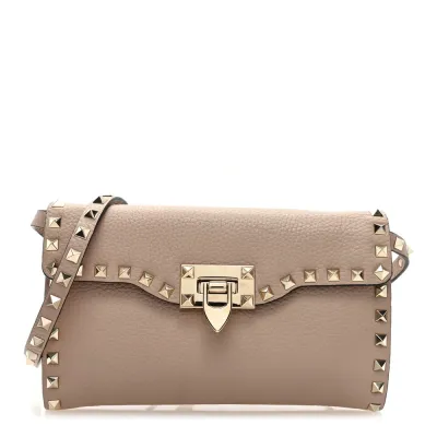 Valentino Garavani Medium Rockstud Flip Lock Shoulder Bag Poudre Pebbled Calfskin Leather