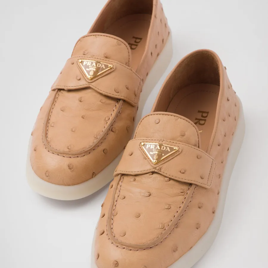 PRADA Neutral ostrich leather loafers