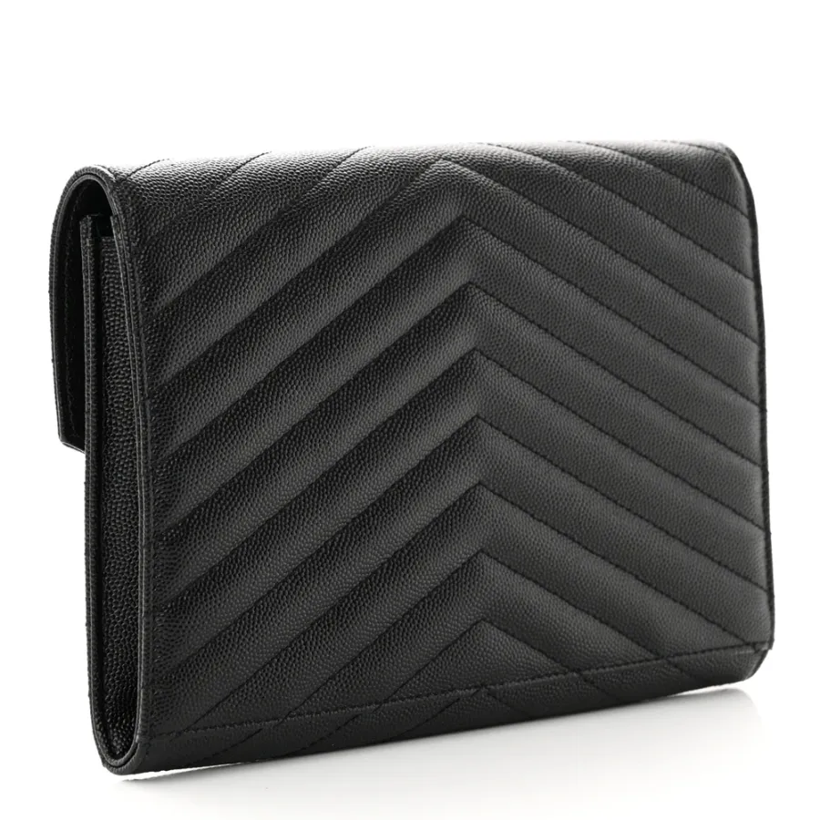 Saint Laurent Medium Envelope Clutch Black Chevron Monogram Grain De Poudre Matelasse Leather Gold Hardware