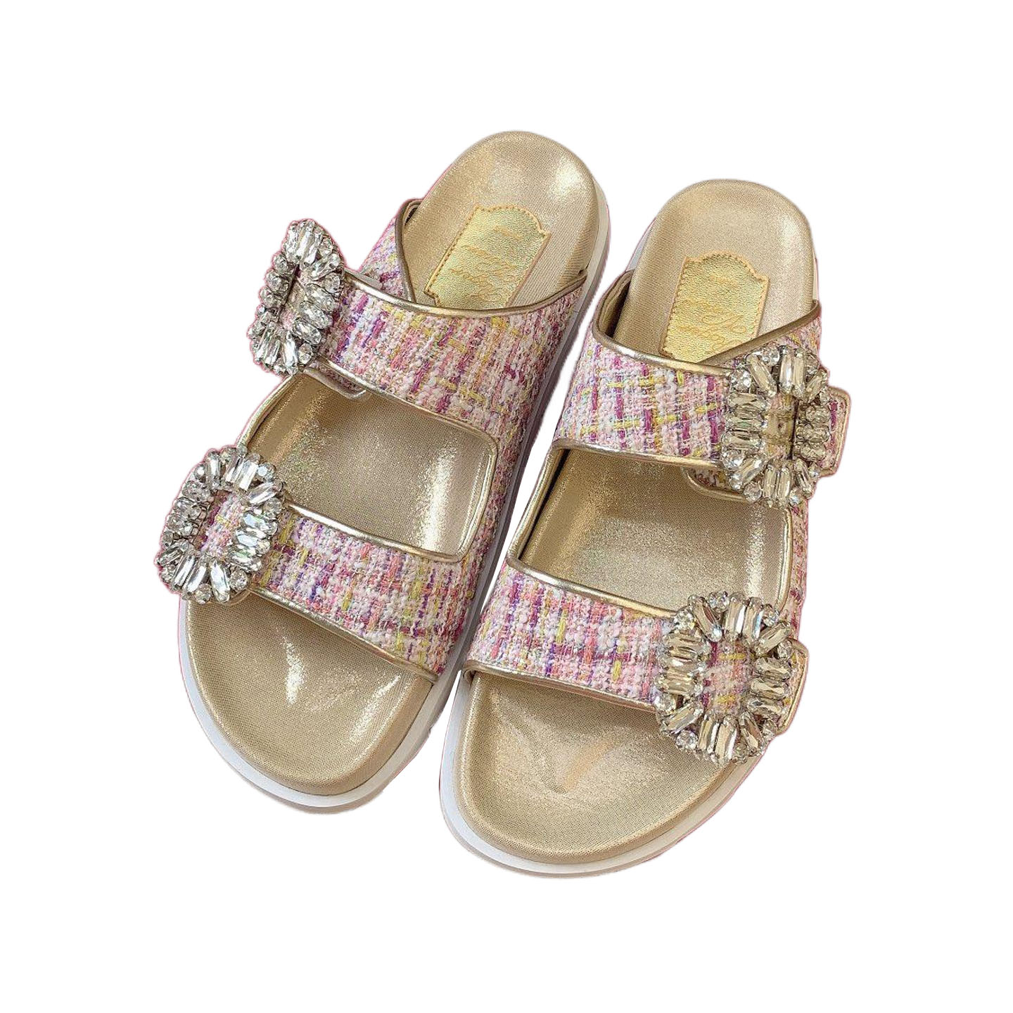 Roger Vivier Slidy Viv' Mules Sandal Em Tecido De Lã Multicolor Com Fivela De Cristal