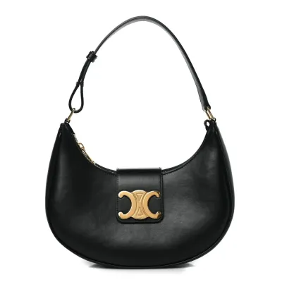 Celine Medium Strap Ava Triomphe Shoulder Bag Black Smooth Calfskin Leather Gold Hardware