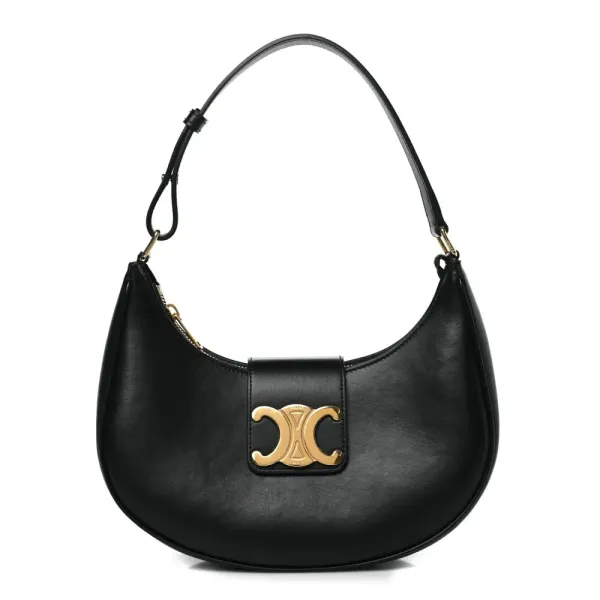 Celine Medium Strap Ava Triomphe Shoulder Bag Black Smooth Calfskin Leather Gold Hardware