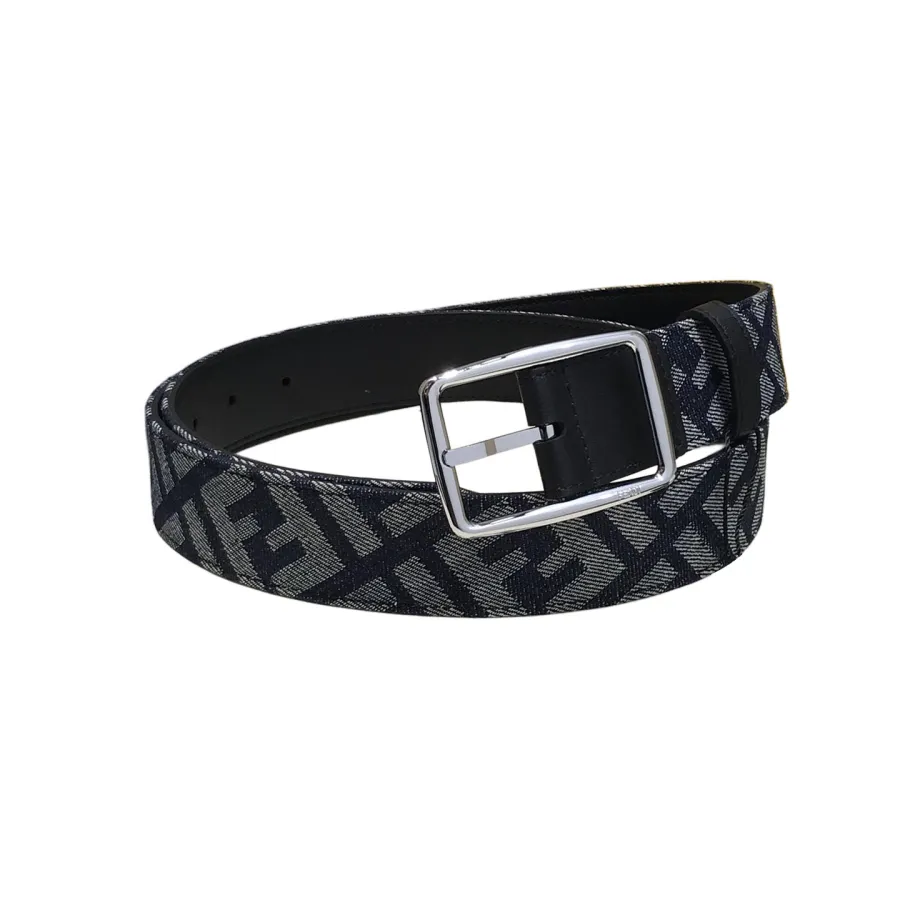 Fendi Men's Rectangle Buckle Belt In Blue Denim FF Monogram With Gold/Silver Hardware 35mm