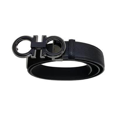 Ferragamo Men's Double Gancini Buckle Reversible Belt In Black/Coffee Saffiano Calfskin With Gold/Silver/Gun Black Hardware 35mm