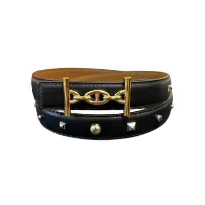 Hermès Women' s Belt In Black/Brown/White/Orange Calfskin With Gold Hardware 25mm