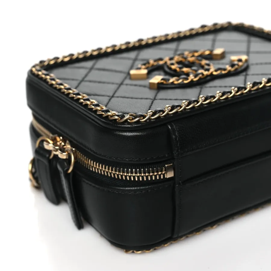Chanel CC Filigree Vanity Case Small Black Quilted Goatskin Leather Gold Hardware