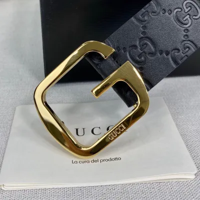 Gucci Men's Square G Buckle Belt In Black Monogram Calfskin With Gold/Silver Hardware 38mm