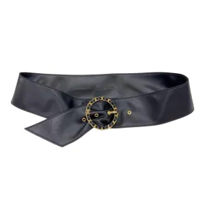 Chanel Women's Round Buckle Belt In Black Lambkin With Gold Hardware 50mm