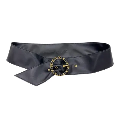 Chanel Women's Round Buckle Belt In Black Lambkin With Gold Hardware 50mm