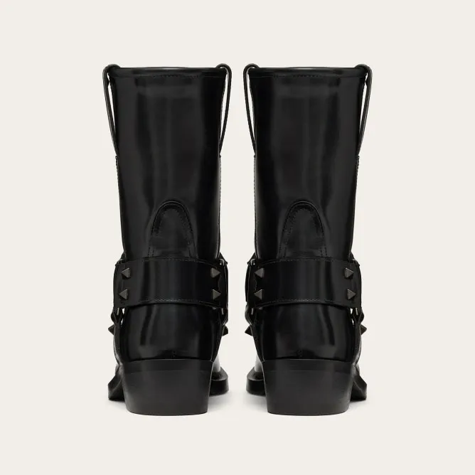 VALENTINO ROCKSTUD Calf leather Motorcycle ankle boots (heel height 4cm)