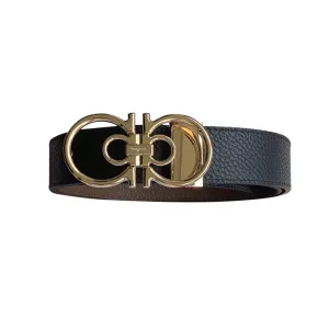 Ferragamo Men's Double Gancini Buckle Reversible Belt In Black/Brown/Coffee Calfskin With Gold/Silver/Black Hardware 35mm