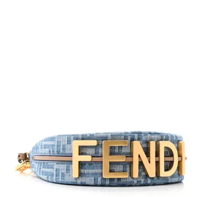 Fendi Mini FF Embroidered Fendigraphy Hobo Bag Blue/Sand Denim & King Vitello Leather Gold Hardware