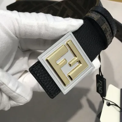 Fendi Men's Square Buckle Belt In Black/Brown Grained Calfskin And Monogram Canvas With Gold/Silver Hardware 35mm