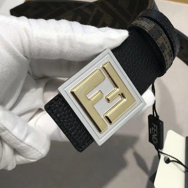 Fendi Men's Square Buckle Belt In Black/Brown Grained Calfskin And Monogram Canvas With Gold/Silver Hardware 35mm - Image 3