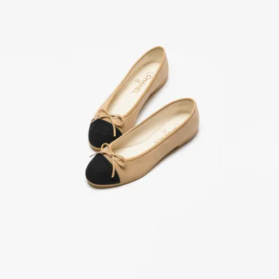 Chanel Flat shoes suede effect sheepskin leather beige and black Ballet  Shoes
