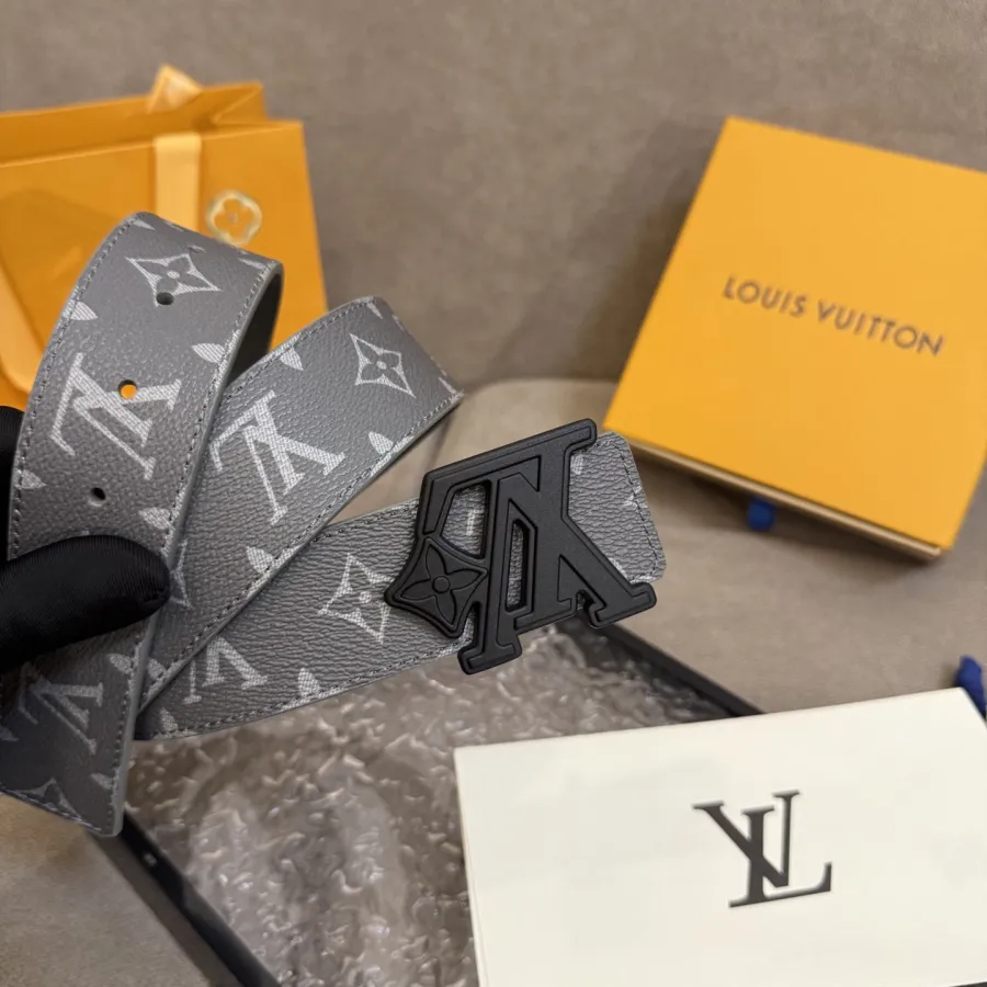 Louis Vuitton Men's LV Flower Buckle Belt  In White/Black/Grey/Blue Calfskin And White/Grey/Blue Monogram Canvas 40mm