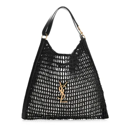 Saint Laurent Medium Oxalis Shoulder Bag Black Raffia & Calfskin Leather Gold Hardware