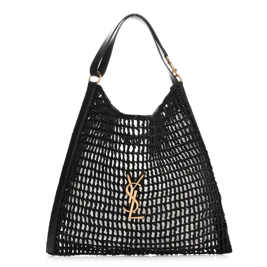 Saint Laurent Medium Oxalis Shoulder Bag Black Raffia & Calfskin Leather Gold Hardware
