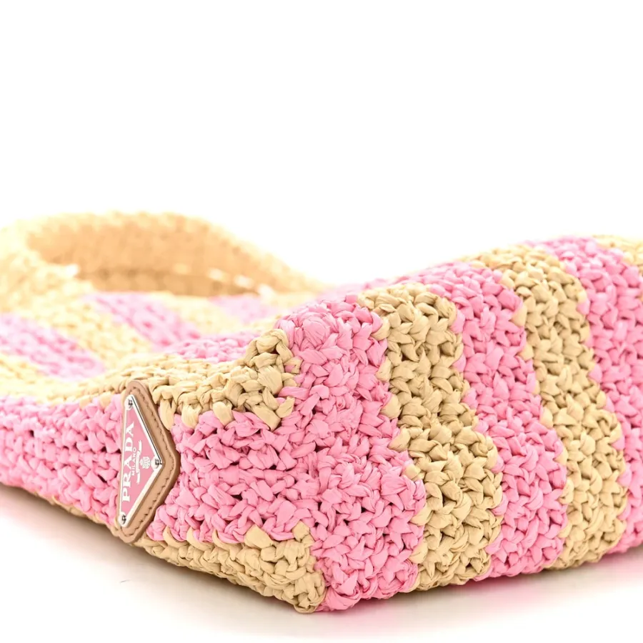 Prada Small Effect Crochet Striped Logo Tote Naturale/Petalo Yarn Raffia