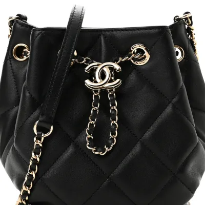 Chanel CC Dweller Drawstring Bucket Small Black Quilted Lambskin Leather Light Gold Hardware
