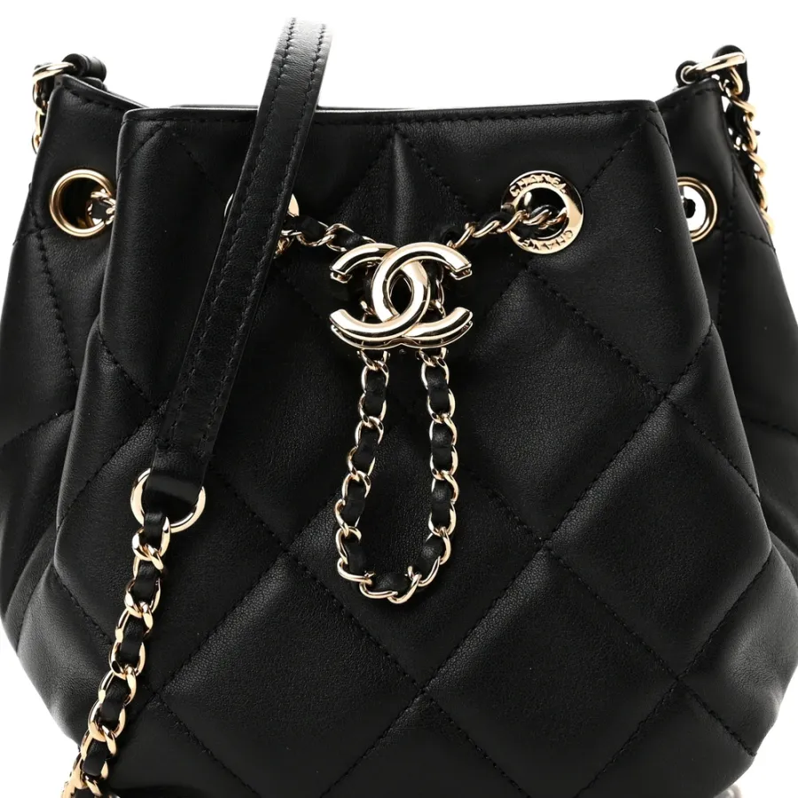 Chanel CC Dweller Drawstring Bucket Small Black Quilted Lambskin Leather Light Gold Hardware