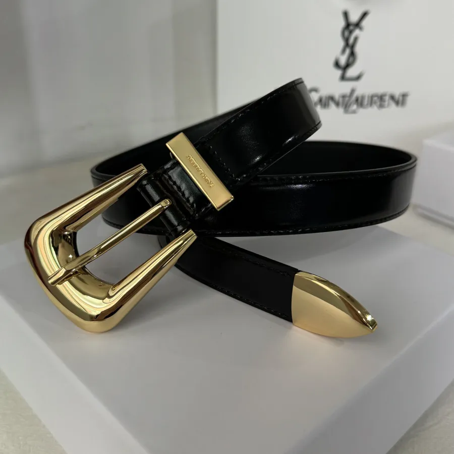 Saint Laurent Folk Buckle Belt In Black Brushed Leather With Gold/Silver Hardware 25mm