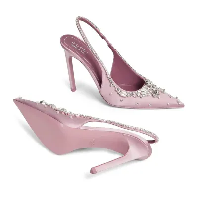 Gucci pink pointed heels crystal high heels shoes Rear lace up high heels