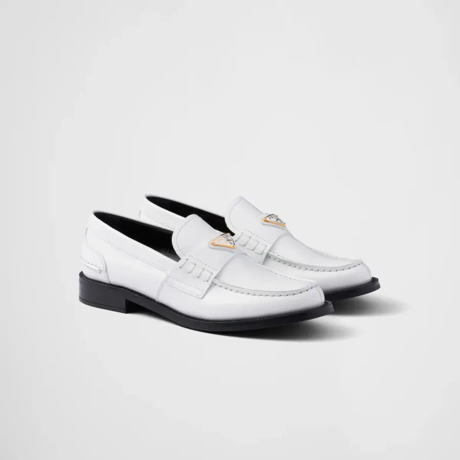 PRADA White shiny leather loafers