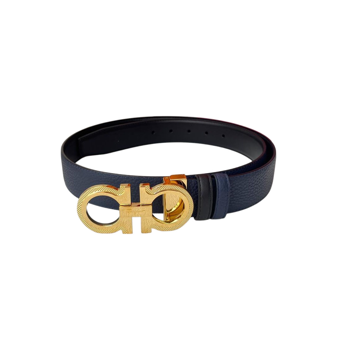 Cinto Reversível Masculino Ferragamo com Fivela Dupla Gancini em Azul/Preto/Bordô em Pele de Bezerro Granulado com Acabamento em Ouro/Prata/Preto 35mm