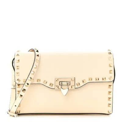 Valentino Garavani Medium Rockstud Flip Lock Crossbody Bag Light Ivory Pebbled Calfskin Leather Gold Hardware