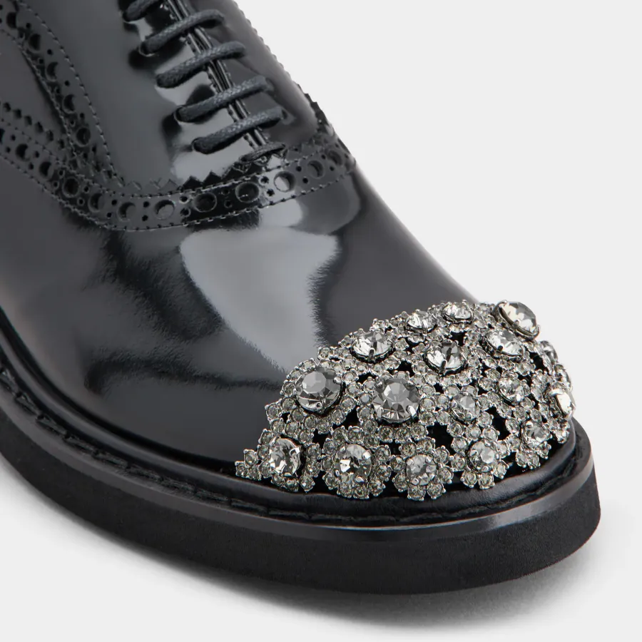 Roger Vivier Viv' Rangers Lace-Ups Loafers In Black Leather With Crystal Flowers
