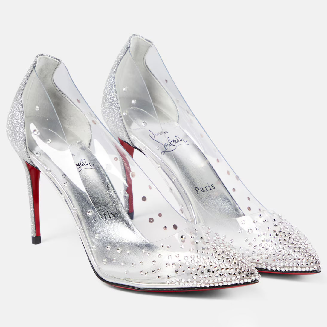 Christian Louboutin salto prateado cintilante em tecido transparente