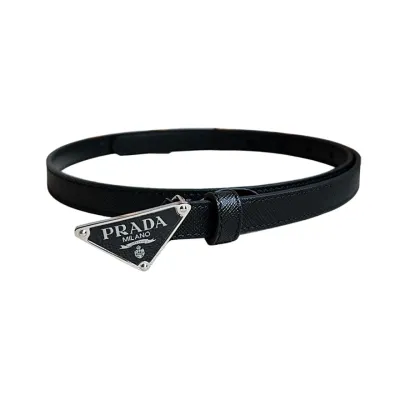 Prada Women' s Triangled Buckle Belt In Brown/Black Calfskin With Gold/Silver Hardware 15mm