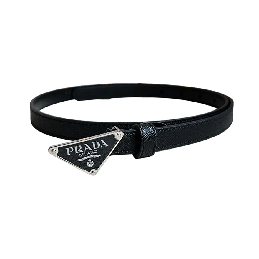 Prada Women' s Triangled Buckle Belt In Brown/Black Calfskin With Gold/Silver Hardware 15mm