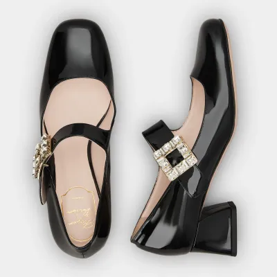 Roger Vivier Très Vivier Dasiy Mary Janes In Black/White Patent Leather With Crystal Buckle (Heel Height 4.5cm)
