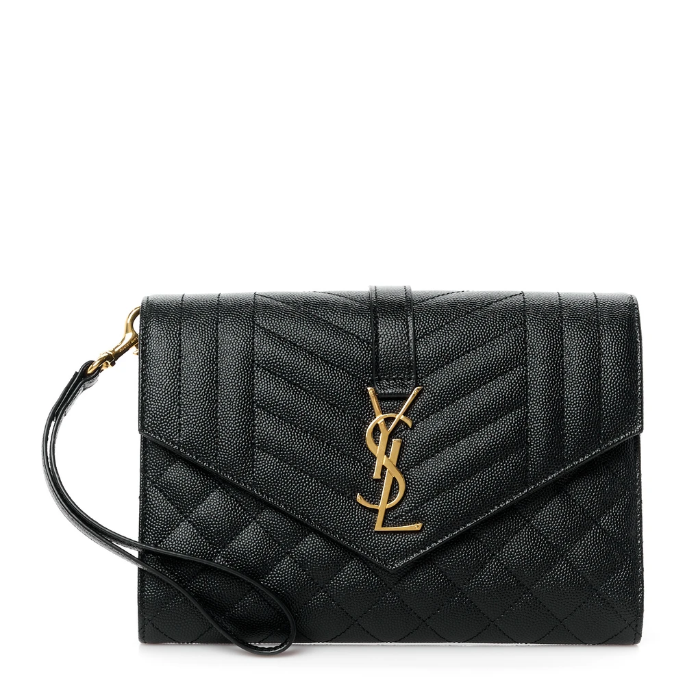 Saint Laurent Clutch Média Triquilt Monogram Preto Grain De Poudre Texturizado Couro Matelassê Misto Hardware Dourado