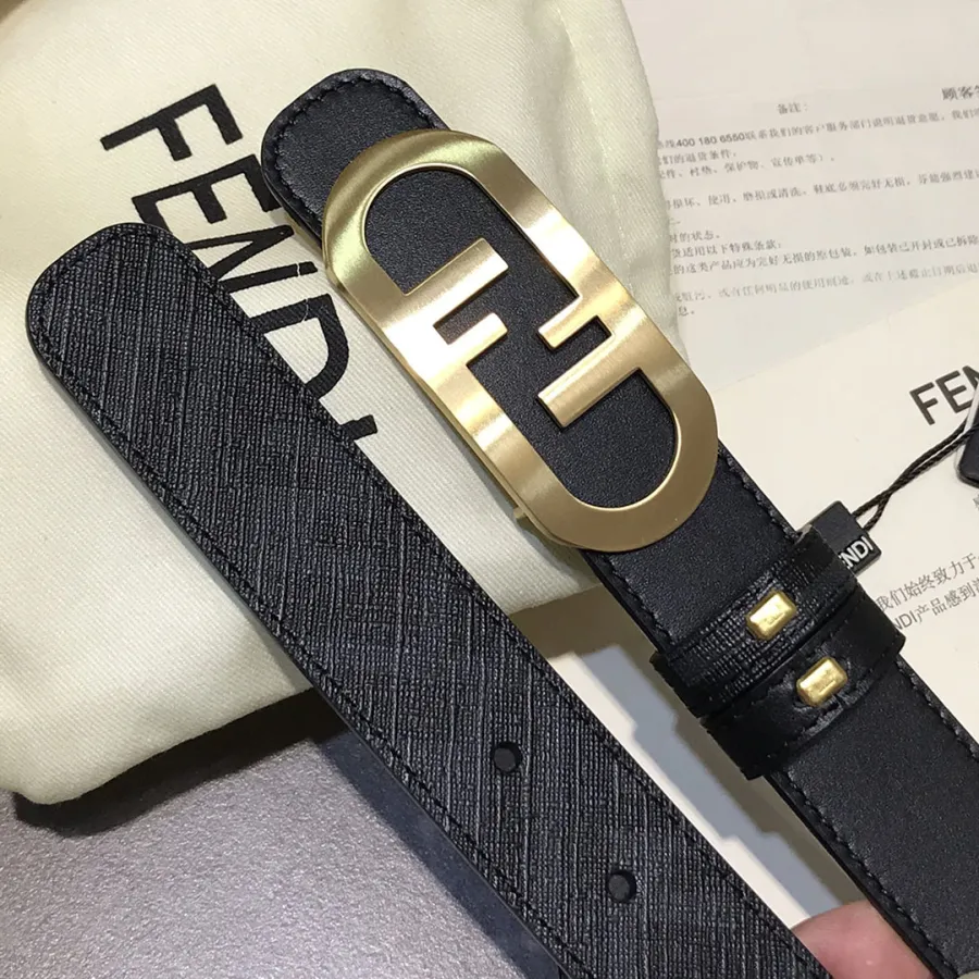Fendi Women's O Lock Buckle Belt In Black Calfskin With Gold Hardware 30mm