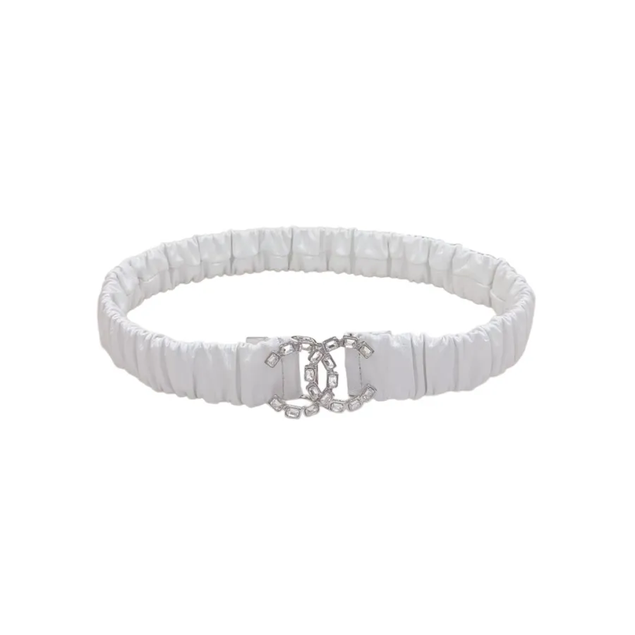 Chanel Women's CC Crystal Buckle Elastic Belt In Champagne Gold/Beige/Black/Red/Silver/Ivory/White Lambskin With Gold/Silver Hardware 30mm