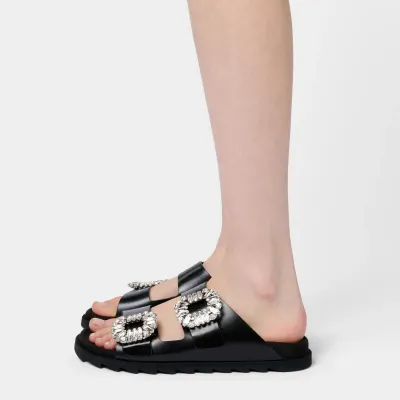 Roger Vivier Slidy Viv' Mules Sandals In Black Leather With Crystal Buckle
