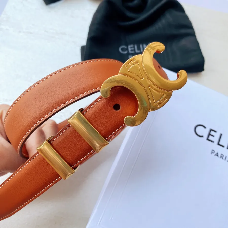 Celine Triomphe Buckle Belt In White/Brown/Black Calfskin With Gold Hardware 25mm