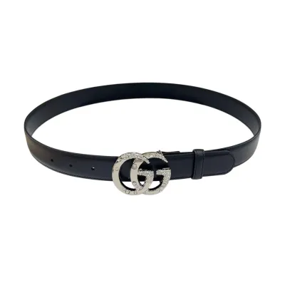 Gucci Women's GG Buckle With Beading Marmont Thin Belt In Black/White/Brown/Silver Smooth Calfskin With Gold/Silver Hardware 30mm