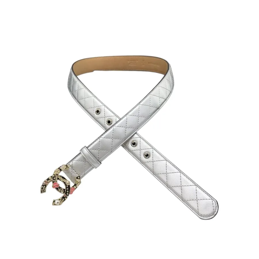 Chanel Women's Decorative CC Buckle Belt In Silver/Purple Diamond Stitching Calfskin With Gold/Silver Hardware 30mm