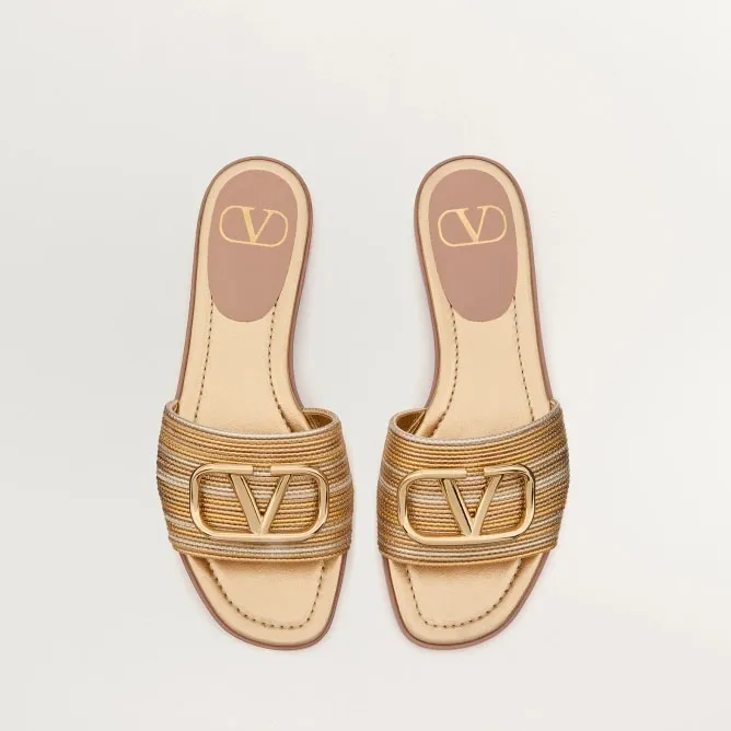 VALENTINO VLOGO SIGNATURE CORNELY Embroidered metallic leather slipper sandals