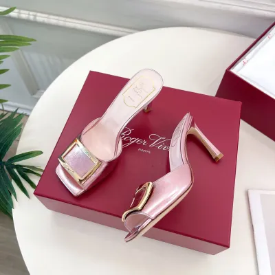 Roger Vivier Trompette Mules High Heels In Pink/Gold/Silver Leather With Metal Buckle (Heel Height 8.5cm)