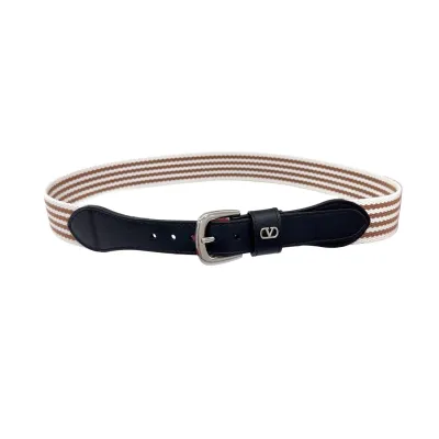 Valentino Square Buckle Belt In Black/Blue Calfskin And Brown/Blue Canvas With Gold/Silver Hardware 25mm