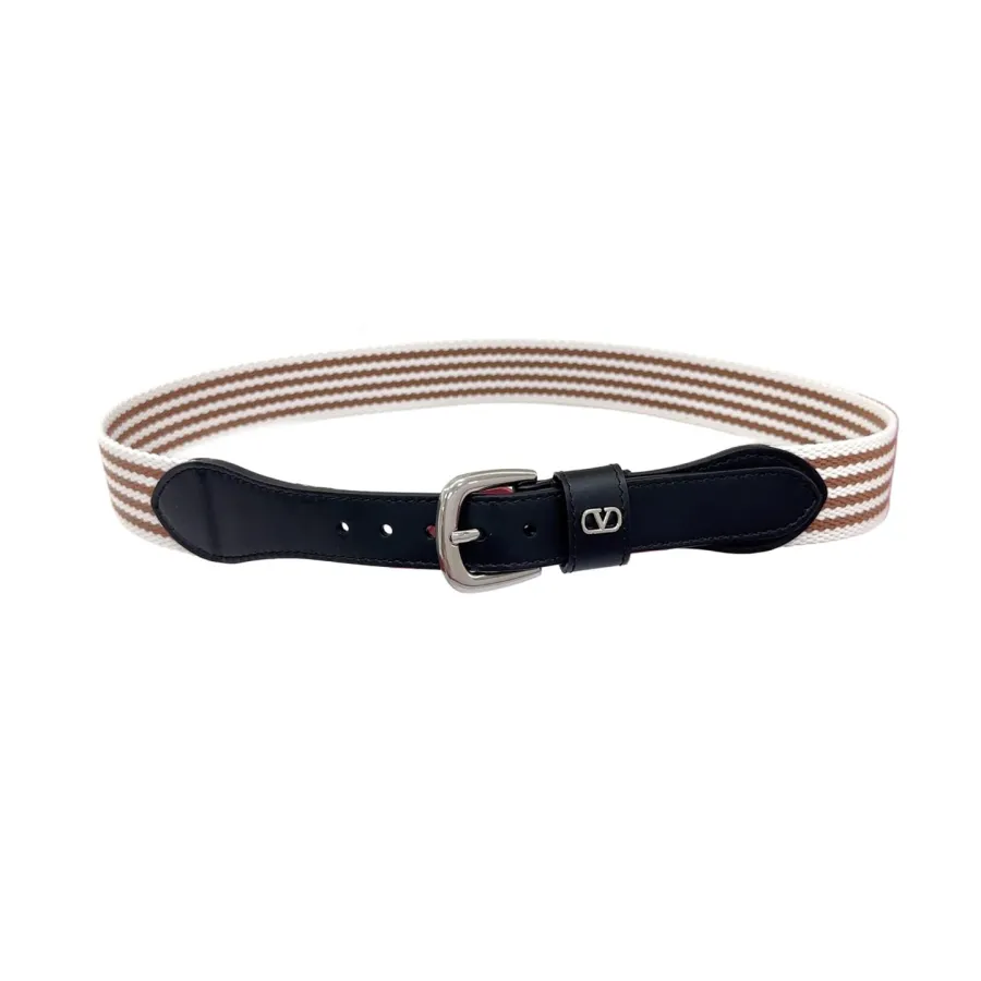 Valentino Square Buckle Belt In Black/Blue Calfskin And Brown/Blue Canvas With Gold/Silver Hardware 25mm