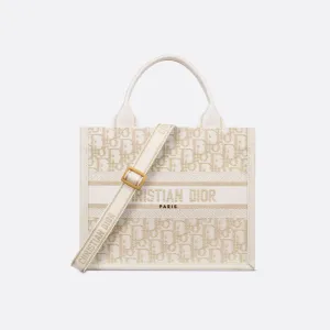 Dior Small Dior Book Tote In Natural Dior Oblique Embroidery And Calfskin Gold Hardware